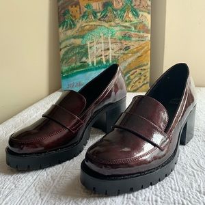 Patent wine platform loafers